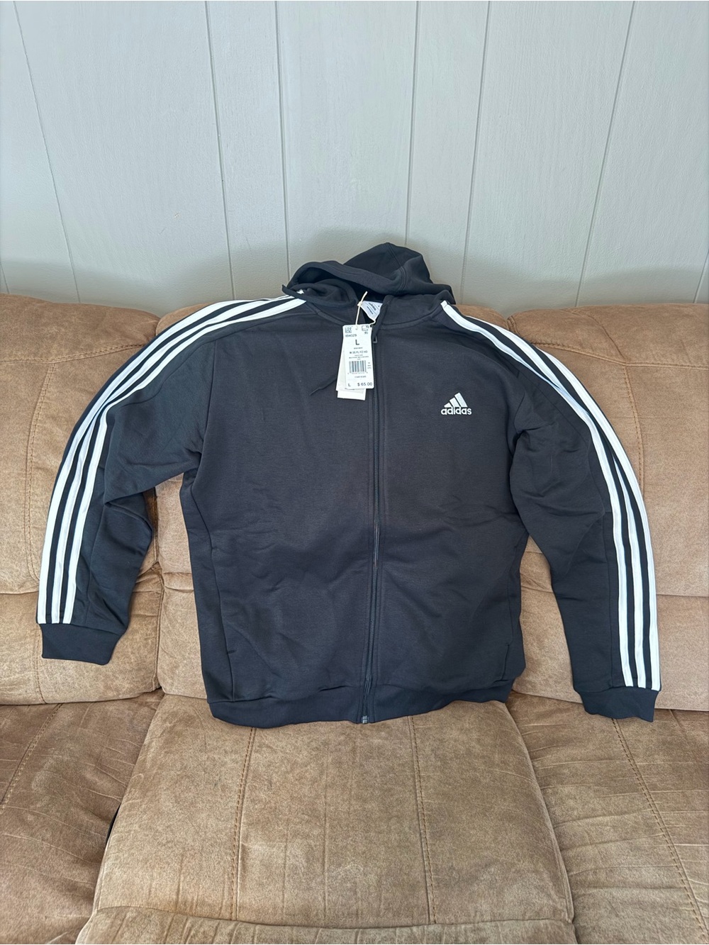 NWT Adidas Black Full-Zip Hoodie Jacket with White 3-Stripes